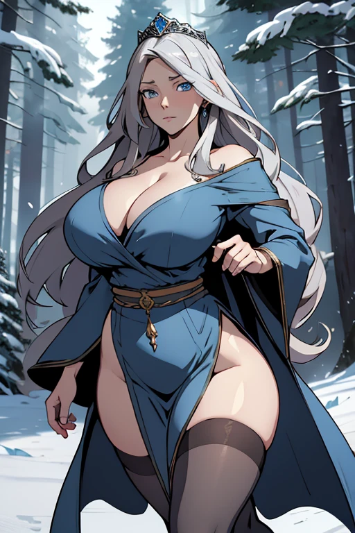 highres, masterpiece, huge breasts, thick thighs, wide hips, thighhighs, robe, royal robe, (pelvic curtain), blue eyes, long hair, expressionless, tiara, gray hair, (v-neck), blue dress, running, snow, forest in background