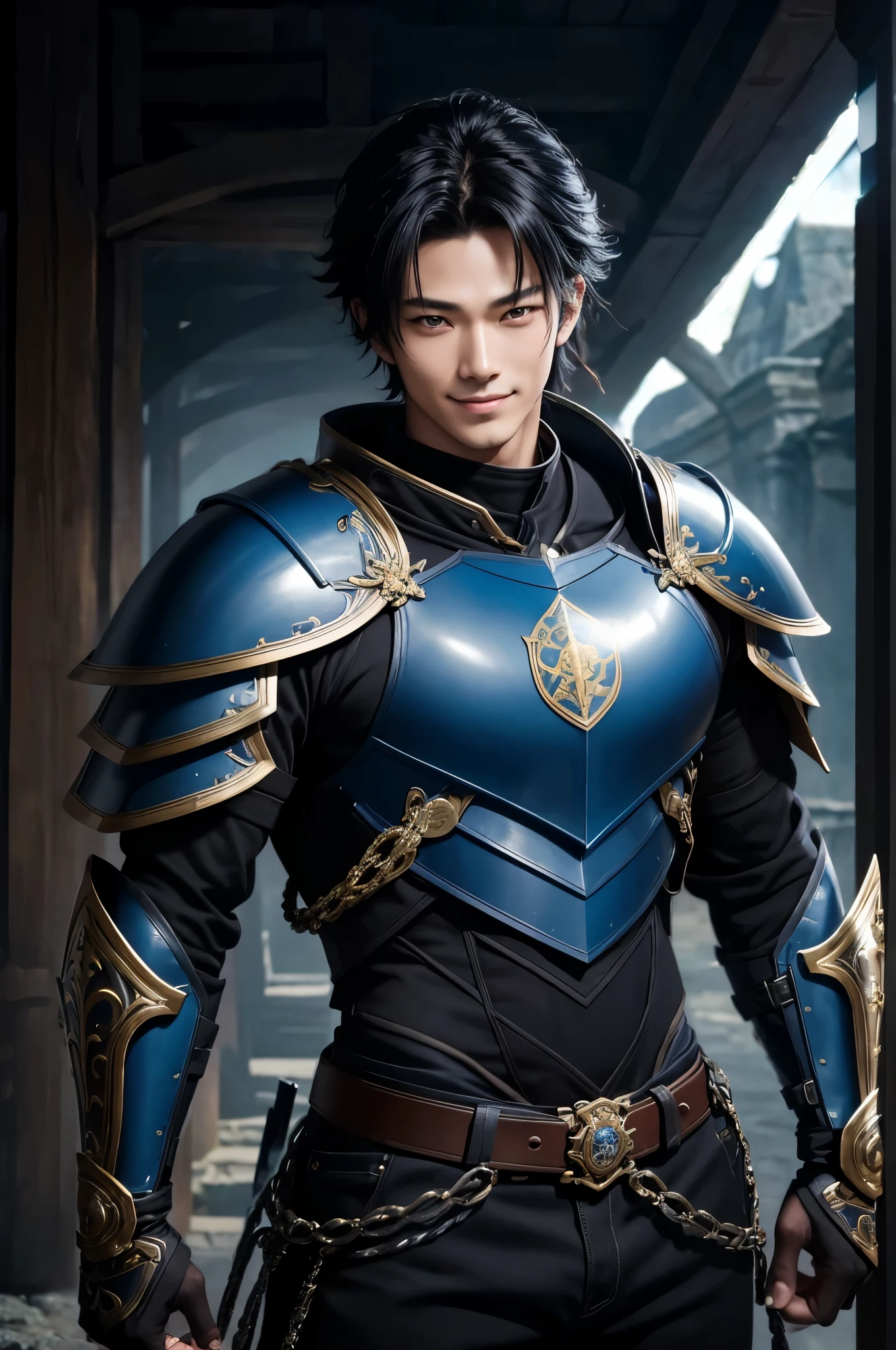 8K,black wolf hair boy,Japanese super handsome(like the real thing),wild boy,black and blue armor(Precise workmanship of the hero's emblem),luxury black and blue pants,blue and black shoulder armor,blue and black waist armor,blue and black leg armor,muscular slender body,smile,ultra high resolution,super realistic skin,Handsome boy,18 year old boy,Big eyes,smileが似合う少年,Possesses the holy sword Excalibur,Magical power overflowing from the body,Luxury belts(Delicate workmanship),tanned skin,open your mouth and laugh,Background stone bed,