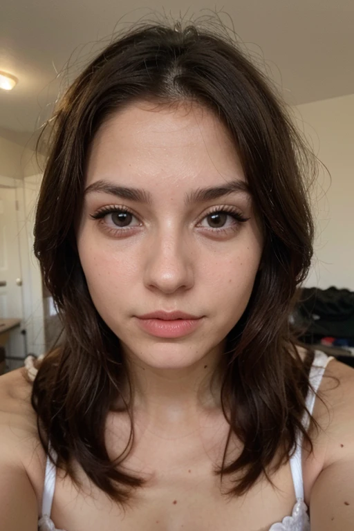 Photo of a 20 year old brunette woman., que tiene una cara muy natural, labios delgados, ojos delgados, cejas finas, nariz fina, pendientes, long eyelashes. Ella esta sin ropa