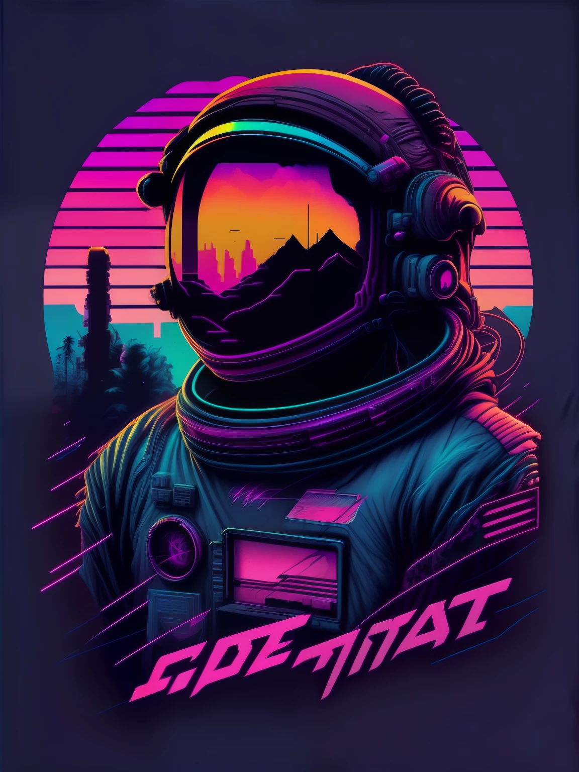Synthwave astronaut with glasses, adesivo do logotipo do vetor, obra de arte, estilo de polpa de manga, sombreamento plano, Solid background color, Design de camiseta