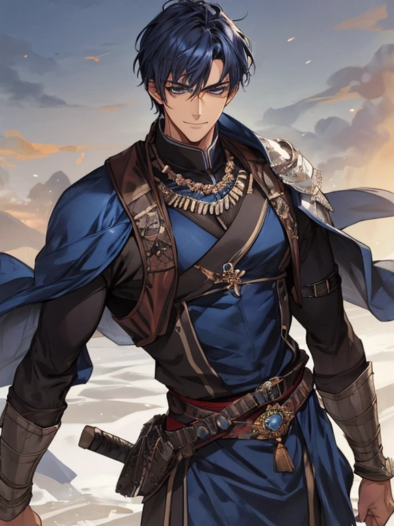 ((muste piece)), ((best quality)), ((brown skin)), ((dark blue eyes)), ((Dark blue hair))、handsome man , ((very very short hair)), masculine、tall、sexy、Adult man、Three white eyes、handsome man、firmly、muscular、broad shoulders、smile、wild、とてもwild、(((warrior)))