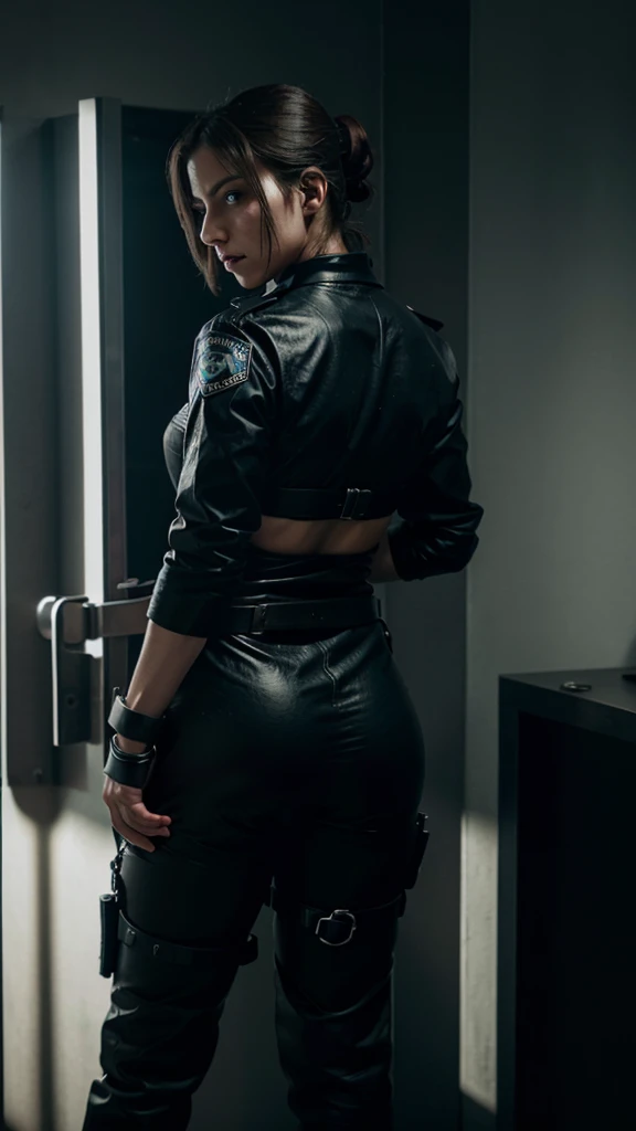 handcuffed beautiful girl, handcuffs, handcuffed, hands behind back, bondage, full body visible, police uniform, restrained, arrested, tied up, hands tied, Jill valentine, resident evil
