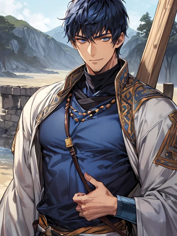 ((muste piece)), ((best quality)), ((brown skin)), ((dark blue eyes)), ((Dark blue hair))、handsome man , ((very very short hair)), masculine、tall、sexy、Adult man、Three white eyes、handsome man、firmly、muscular、broad shoulders、smile、wild、とてもwild、(((warrior)))、Daiki Aomine