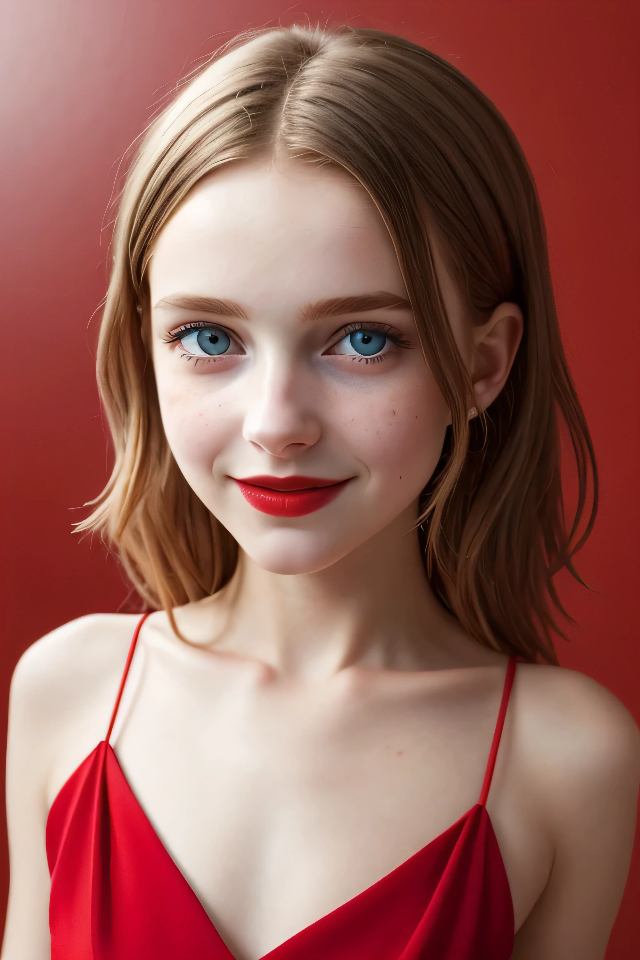 (masterpiece, high quality, Fisheye:1.2)、cute eyes、Beautiful woman、smile: The corners of the mouth are slightly raised.、(close-up portrait:1.1), alone, model photoshoot, (red theme:1.1), stylish girl, red hair, Silvery eyes, red lipstick, red eye shadow, red面, (freckles:0.7), (European 14 years old:1.3), sexy, Pure Innocence, (軽いsmile:0.8), prostitute atmosphere, in love, simple red dress, cleavage, Detailed natural skin texture, captivating gaze, detailed lighting, (red:1.1) wall background, shallow depth of field, romantic atmosphere, Dreamy pastel palette, quirky details, captured on film, NSFW, (intricate details:0.5)