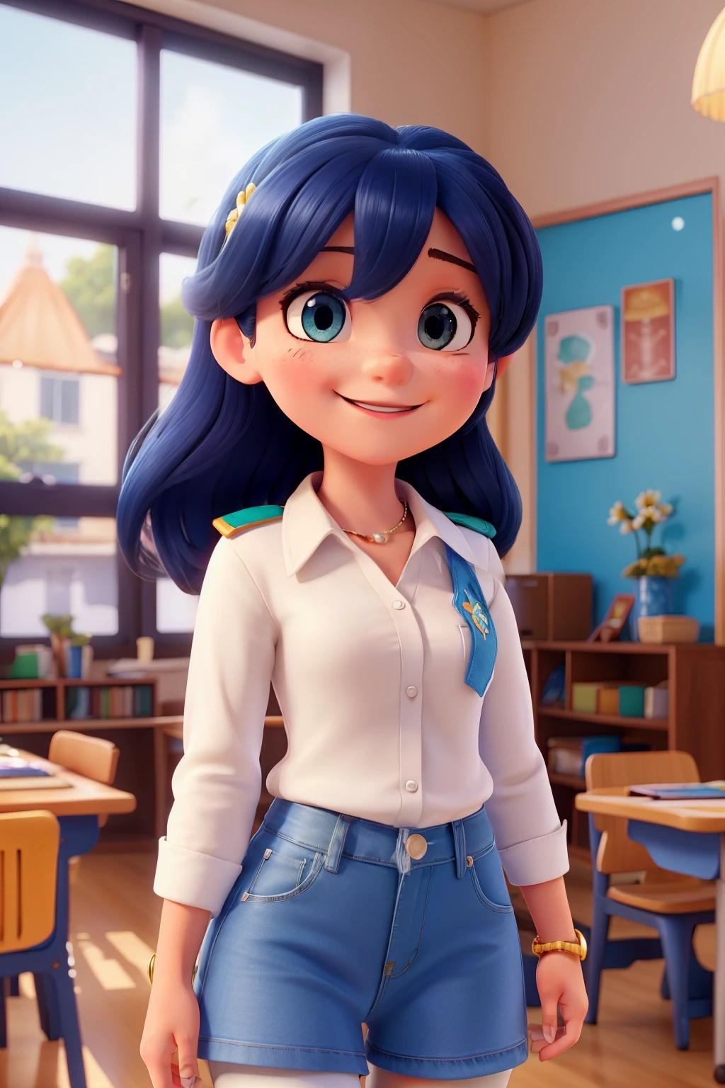 The image captures a joyful scene of a young woman in a school uniform, adorned with a white blouse and blue jeans. The setting is a brilliantly lit room, radiating positivity and warmth, reminiscent of the lively atmosphere of Brazilian carnival. Decorative elements such as colorful streamers and traditional carnival masks can be subtly observed in the background. The woman, beaming with a radiant smile, is the undeniable focal point of the captivating masterpiece.