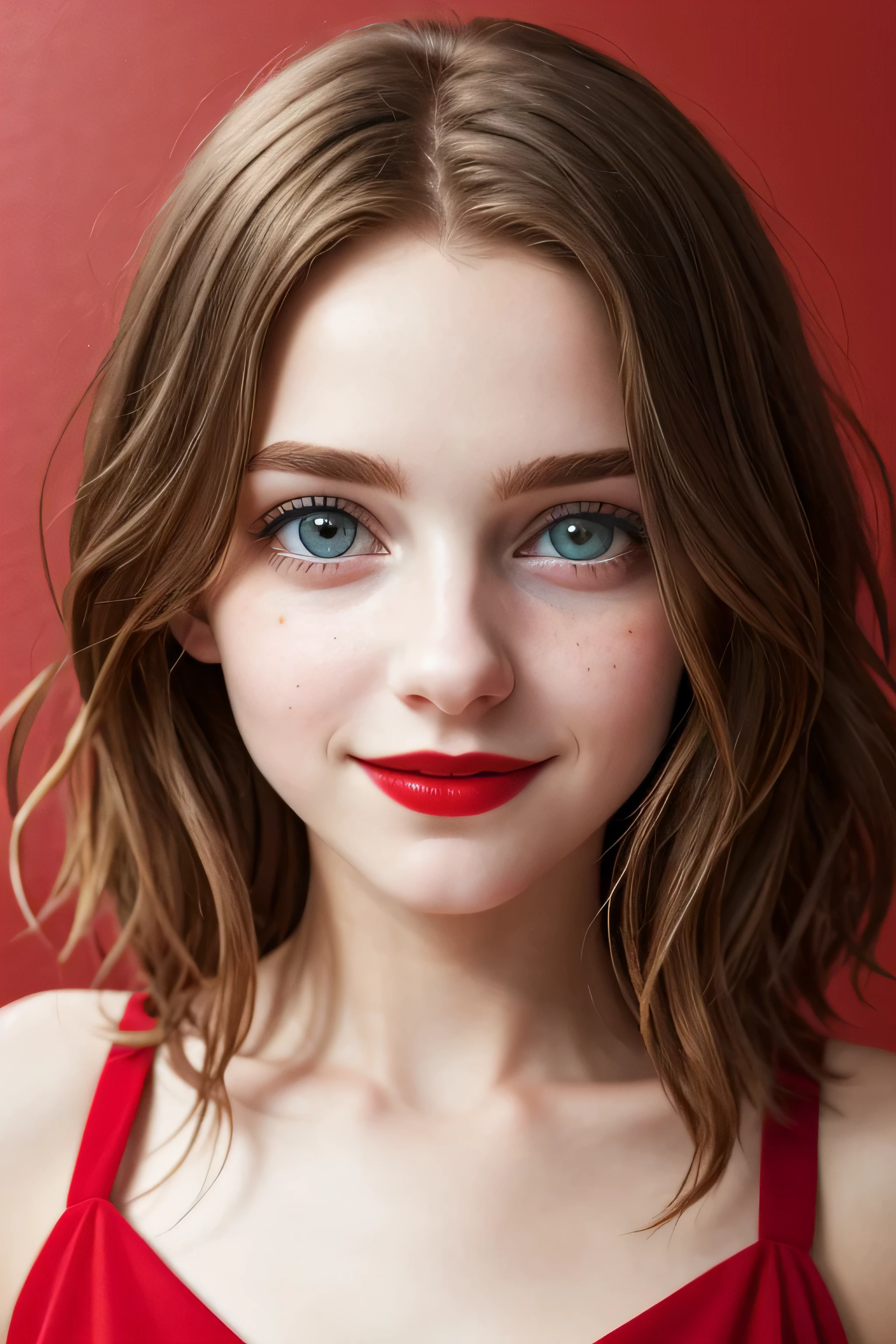 (masterpiece, high quality, Fisheye:1.2)、cute eyes、Beautiful woman、smile: The corners of the mouth are slightly raised.、(close-up portrait:1.1), alone, model photoshoot, (red theme:1.1), stylish girl, red hair, Silvery eyes, red lipstick, red eye shadow, red面, (freckles:0.7), (European :1.3), sexy, Pure Innocence, (軽いsmile:0.8), prostitute atmosphere, in love, simple red dress, cleavage, Detailed natural skin texture, captivating gaze, detailed lighting, (red:1.1) wall background, shallow depth of field, romantic atmosphere, Dreamy pastel palette, quirky details, captured on film, NSFW, (intricate details:0.5)