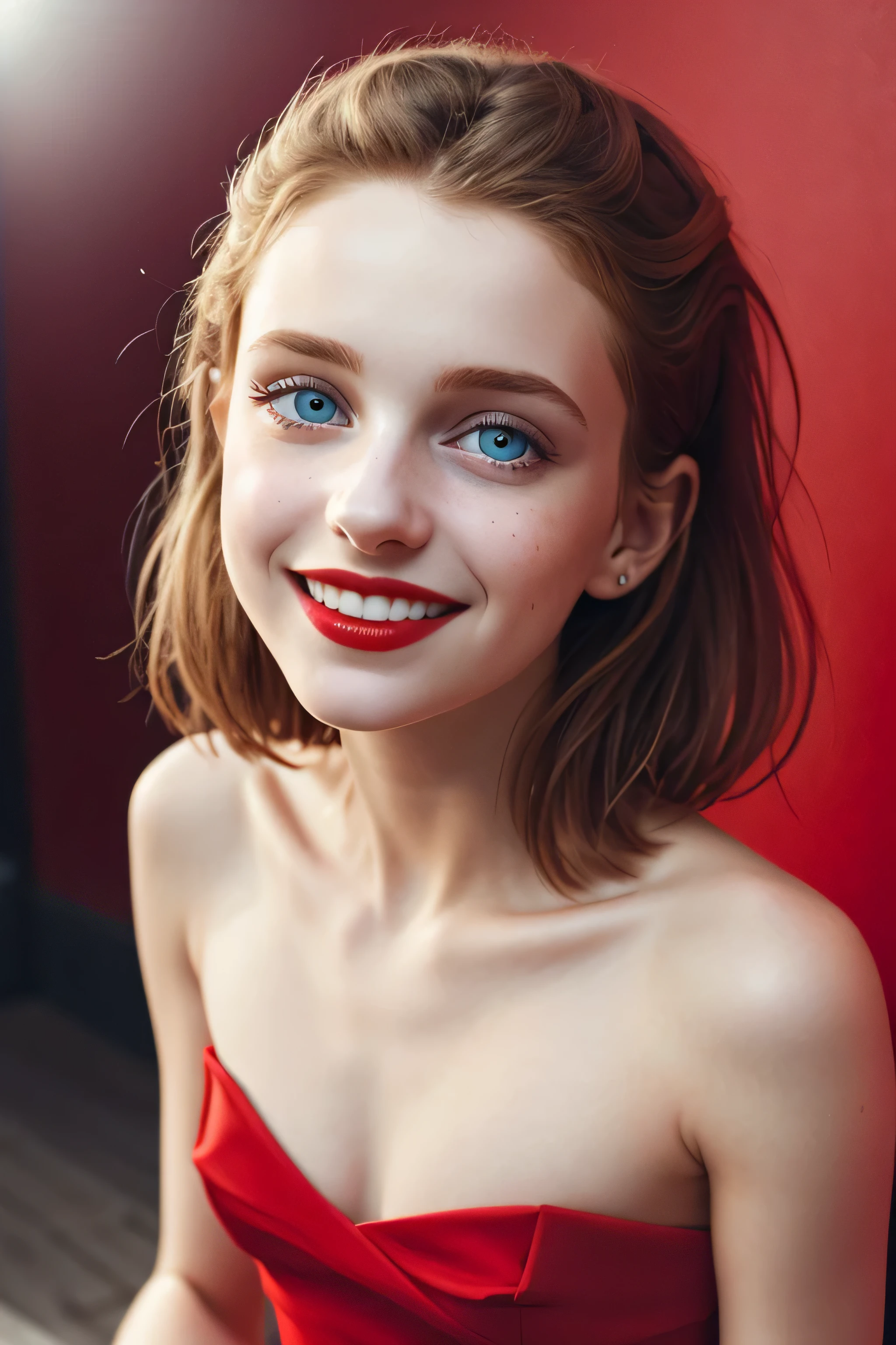 (masterpiece, high quality, Fisheye:1.2)、cute eyes、Beautiful woman、smile: The corners of the mouth are slightly raised.、(close-up portrait:1.1), alone, model photoshoot, (red theme:1.1), stylish girl, red hair, Silvery eyes, red lipstick, red eye shadow, red面, (freckles:0.7), (European :1.3), sexy, Pure Innocence, (軽いsmile:0.8), prostitute atmosphere, in love, simple red dress, cleavage, Detailed natural skin texture, captivating gaze, detailed lighting, (red:1.1) wall background, shallow depth of field, romantic atmosphere, Dreamy pastel palette, quirky details, captured on film, NSFW, (intricate details:0.5)