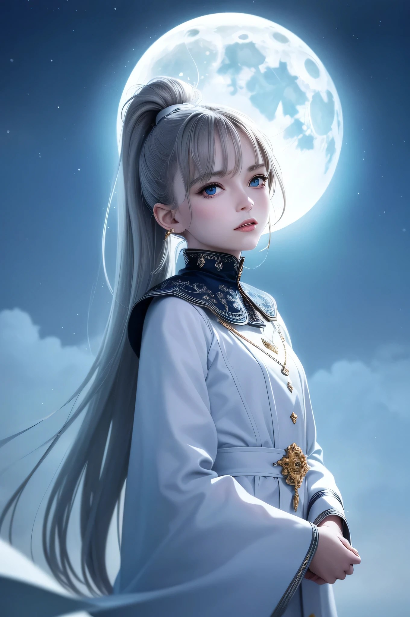 masterpiece, (best quality:1.2), (very detailed:1.2), illustration, (Very delicate and beautiful:1.2),cinematic angle,floating, (beautiful and delicate eyes:1.1), (detailed lighting:1.1),cinematic lighting, The sky with beautiful details, female, gray hair, blue eyes, (high ponytail:1.1), cloak, shining eyes, (moon:1.2), (moonlight:1.1), starry skies, (lighting particle:1.1), Fog, snow painting, sketch, flower