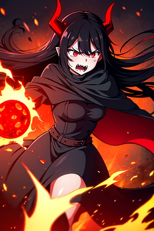 woman demon, raging fury, long black hair, black dress, black cape, burning village, long horns, red glowing eyes