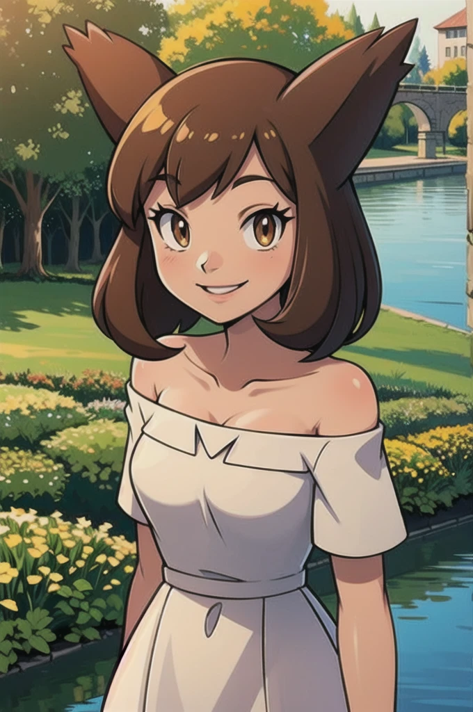 Bianca (pokemon heroes), 1 girl, solo, brown hair, brown eyes, white dress, off shoulders, close-up-view, intricate details, sharp focus, high resolution, the background of beautiful flower park with trees and canals, beautiful sunny day, Smile