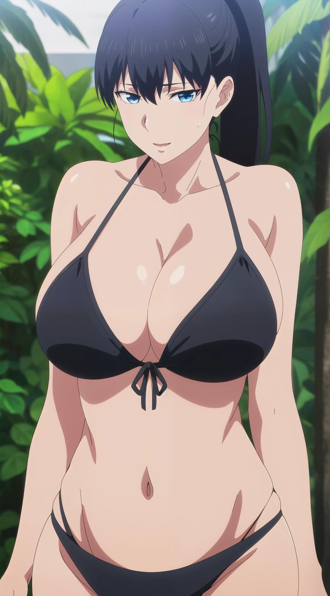 best quality, ultra high resolution, professional artwork, ultra detailed, HD, beautiful tall and mature around 24-28 years old white woman, with black_hair, ponytail, Bangs,blue_eyes, long hair, wearing a micro black bikini with no sleeves, collarbone, swimsuit, bikini, armor, skindentation, black bikini, huge breasts: 1.uffy, wide hip, breasts are protruding, , jungle Woman, wide hips, seductive and sexy, beautiful embarrassed face with a affectionate look and, thick thighs, detailed ultra oily-shiny skin, daytime, Standing in a lush and mysterious jungle, a superhero pose while still being sexy and cheerful, cowboy shot, close up, Looking at the Viewer, detailed face, detailed brown eyes, detailed hair, , alone, solo, 1 girl, portrait upper body,
