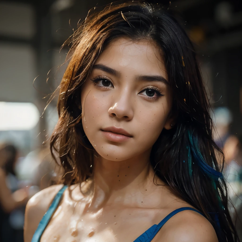 Malay, Colorful beautiful woman: a woman 18-years old, messy hair, oil painting, nice perfect face with soft skinice perfect face, blue yellow colors, light purple and violet additions, light red additions, intricate detail, splash screen, 8k resolution, masterpiece, cute face, Face of the young elemental goddess of the waters, beleza abstrata, Centrado, looking-into-camera, Approaching perfection, Dynamic, fora, altamente detalhado, Pintura digital, art-station, arte conceitual, Foco suave, ju, illustration, arte de Carne Griffiths e Wadim Kashin