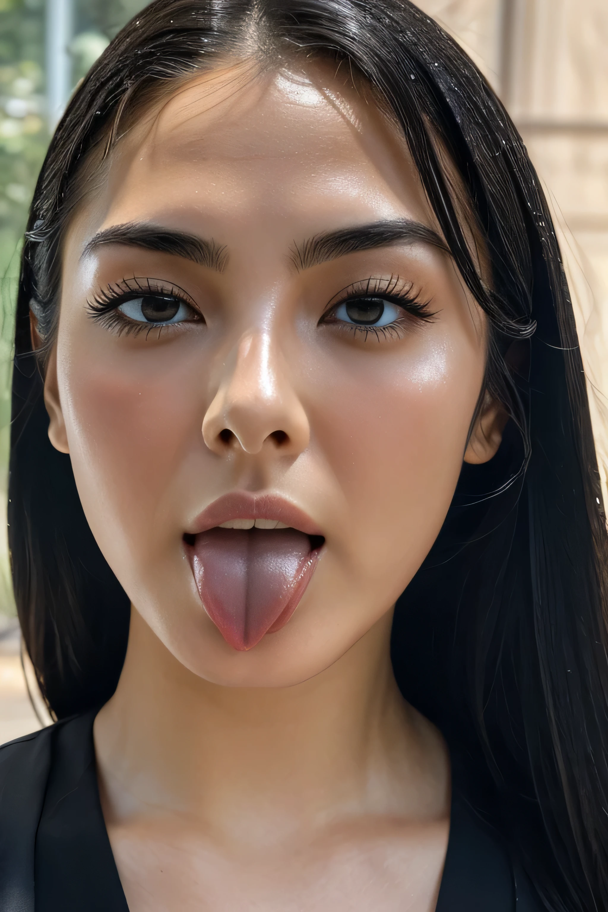 ,1 girl、Taylor Hill、1 girl、UHD, retina, ccurate, masterpiece, anatomically correct, super detail, textured skin, high details, high quality, highres, 8k、、Big double eyes、nose、the focus is on the mouth、close-up focus on face、Woman with open mouth and closed eyes、18-year-old、Black Hair、tongue out, tongue, saliva trail, drooling, ahegao, ((long tongue)), oral invitation,  hair pulled back, Gray background,Half backlight,