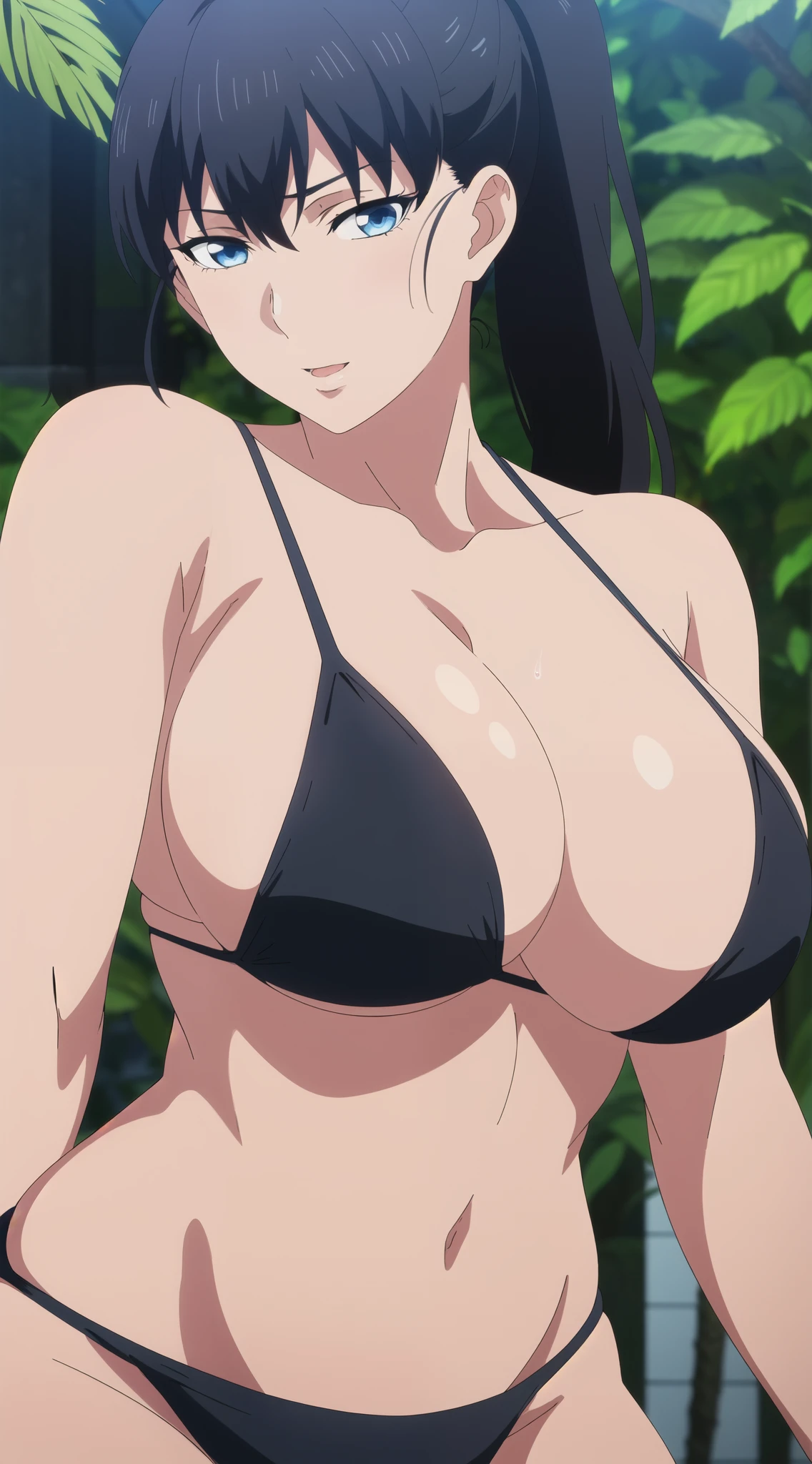 best quality, ultra high resolution, professional artwork, ultra detailed, HD, beautiful tall and mature around 24-28 years old white woman, with black_hair, ponytail, Bangs,blue_eyes, long hair, wearing a micro black bikini with no sleeves, collarbone, swimsuit, bikini, armor, skindentation, black bikini, huge breasts: 1.uffy, wide hip, breasts are protruding, , jungle Woman, wide hips, seductive and sexy, beautiful embarrassed face with a affectionate look and, thick thighs, detailed ultra oily-shiny skin, daytime, Standing in a lush and mysterious jungle, a superhero pose while still being sexy and cheerful, cowboy shot, close up, Looking at the Viewer, detailed face, detailed brown eyes, detailed hair, , alone, solo, 1 girl, portrait upper body,
