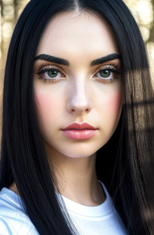A closeup of a woman with long black hair and a white T-shirt, leather belt, TikTok video, she's about 29 years old, she's staring at the camera, Ava Max, she's got black hair, her black hair is a long curly, natural light environment, detailed skin, detailed eyes, ultra realistic image, straight face for camera A naturally beautiful woman, cozy winter, (upper body, (closeup:1.2), head shot), 8K, Raw, UHD, Fujifilm X-T3, close up, highly detailed face, (((glans))), (candid, amateur), body directed forward, upper body