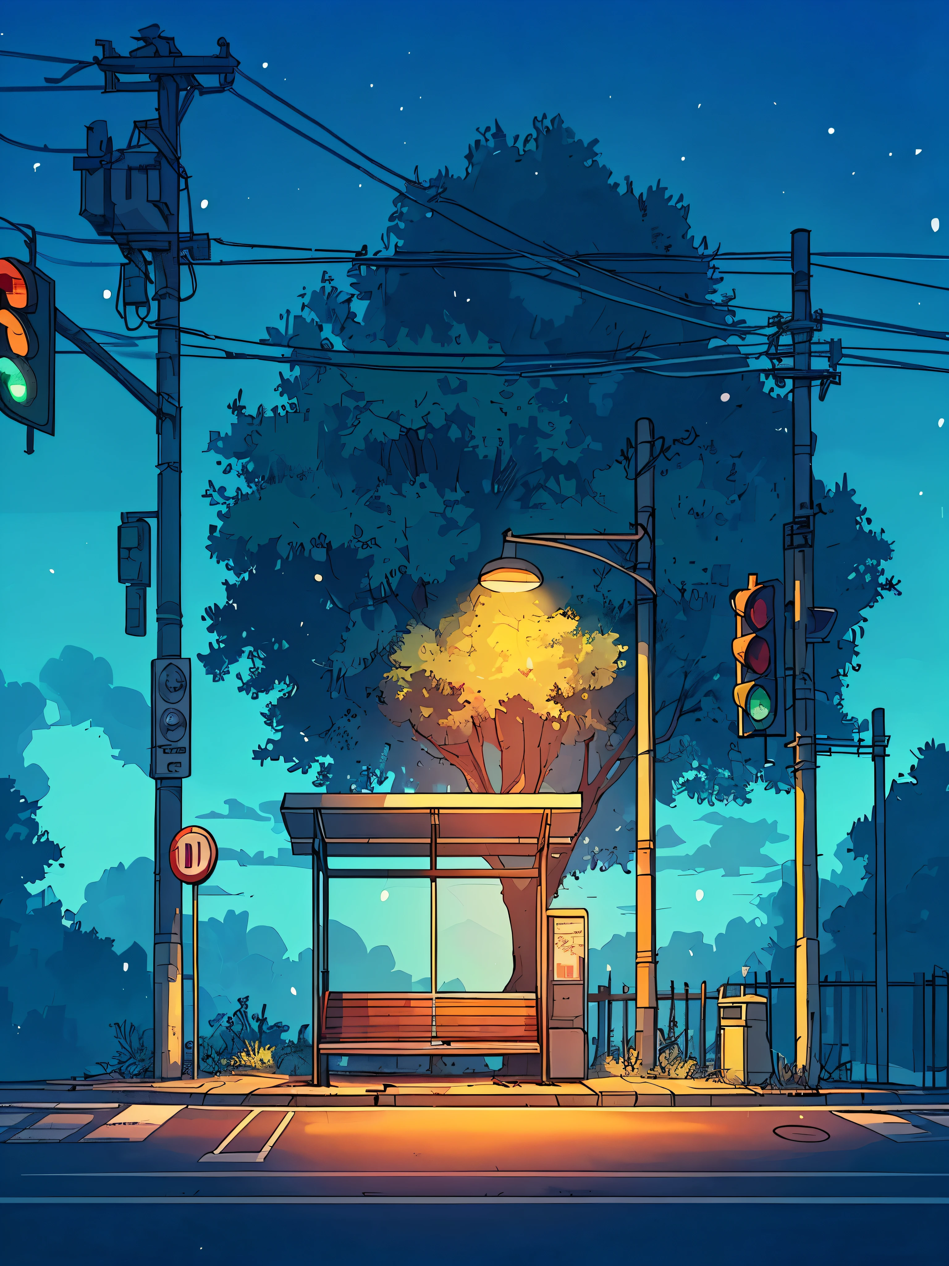 Draw an anime simple scene of an old abandoned bus stop on the road under a flickering street light, night, lonely, tree behind, polr. traffic signal, trees, sunny day, blue cloudy sky, beautiful color palette, vibrant saturated colors,