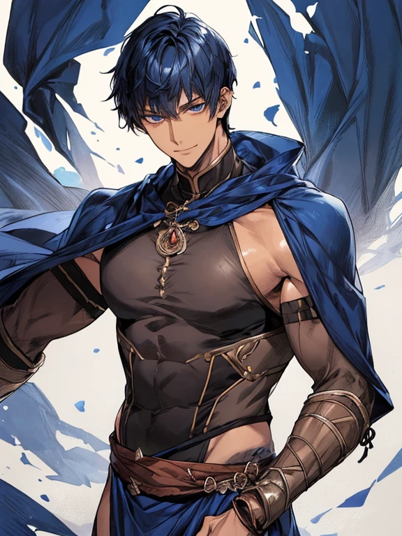 ((muste piece)), ((best quality)), ((brown skin)), ((dark blue eyes)), ((Dark blue hair))、handsome man , ((very very short hair)), masculine、tall、sexy、Adult man、Three white eyes、handsome man、firmly、muscular、broad shoulders、smile、wild、とてもwild、(((warrior)))、Daiki Aomine、Upper body