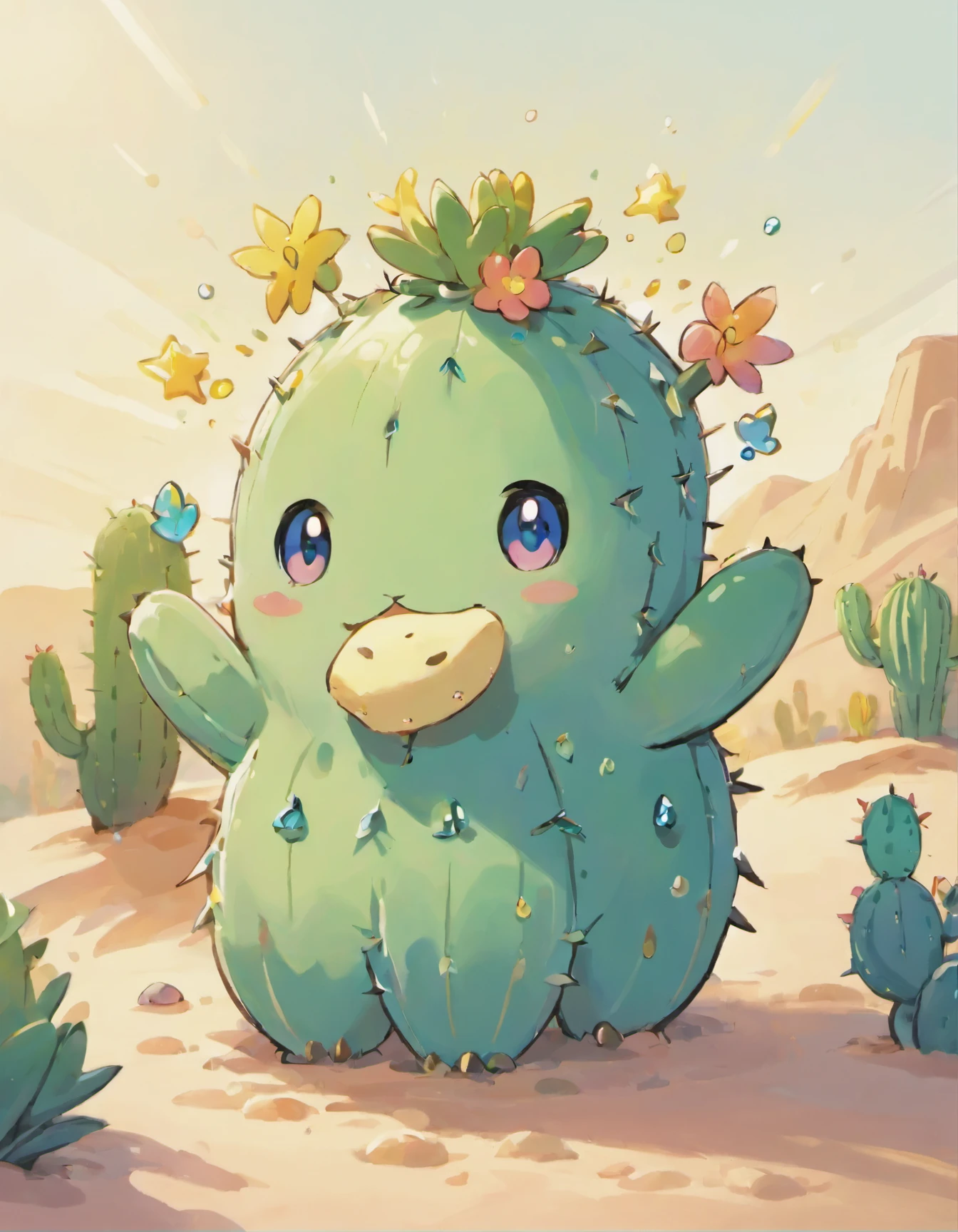 Step into the whimsical world of Sowsow, where even the prickliest of plants becomes an adorable companion. In this enchanting illustration, a cheerful cactus comes to life with eyes that sparkle like dewdrops in the morning sun. Its mouth forms a sweet, inviting smile that's impossible to resist.

Sowsow's signature style shines through in every detail, from the soft, pastel colors that give life to the cactus to the gentle strokes that create an aura of warmth and friendliness. The Saguaro Cactus arms reach out as if to offer a friendly hug, and its tiny feet peek out from beneath the sand, ready for a playful adventure.

With Sowsow's artistic touch, this Saguaro Cactus becomes more than just a plant; it transforms into a lovable character, a testament to the artist's talent in capturing the essence of cuteness and charm. This delightful illustration is a heartwarming addition to any collection and a reminder that even the spikiest beings can radiate love and joy in Sowsow's magical world.
