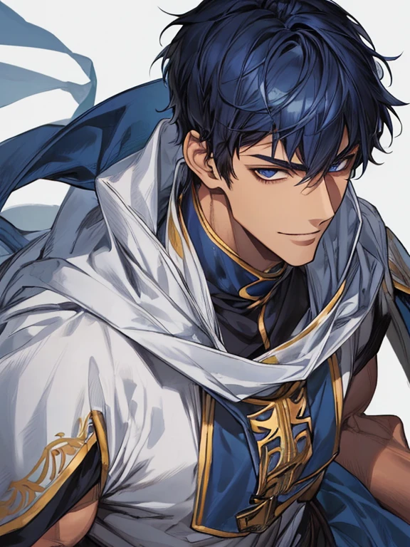 ((muste piece)), ((best quality)), ((brown skin)), ((dark blue eyes)), ((Dark blue hair))、handsome man , ((very very short hair)), masculine、tall、sexy、Adult man、Three white eyes、handsome man、firmly、muscular、broad shoulders、smile、wild、とてもwild、(((warrior)))、Daiki Aomine、Upper body