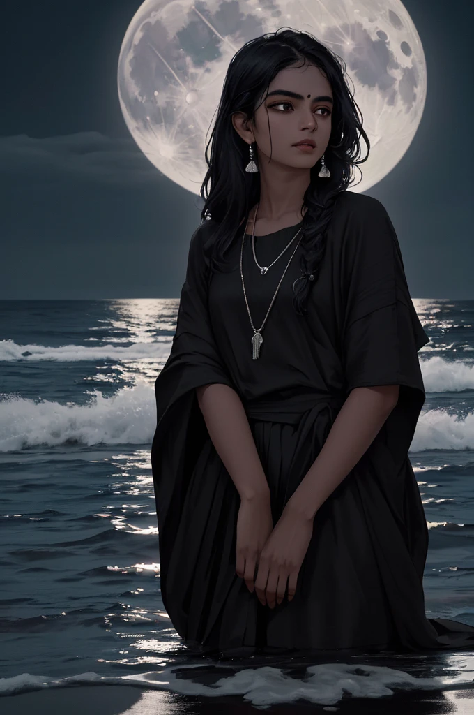 (an)indian girl holding kerosene lam,black clothes,beach on sea,night sky full moon,wolves howling,(hot,seductive),(best quality,4k,8k,highres,masterpiece:1.2),ultra-detailed,(realistic,photorealistic,photo-realistic:1.37),vivid colors,portrait,lit by moonlight