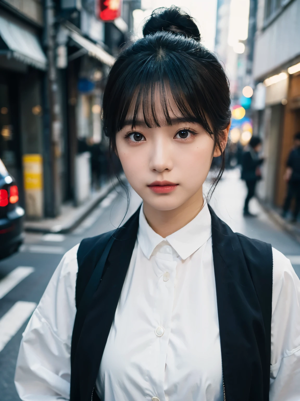 Bewitching eyes, well-balanced eyes, //street snap //wearing "HERMÈS" clothes, Down jacket //breast focus, ((facing viewer)), //at the street in tokyo, //japanese lady, pale skin, half updo, black hair, dark blue hair, blunt bangs,//((standing)), high quality:1.3, Professional lighting:2.0 realistic:1.2, 4k resolution, detailed skin, masterpiece:1.1