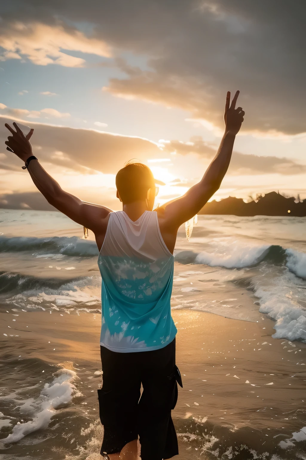 there is a man standing in the water with his arms up, standing on a beach in boracay, wearing a tie-dye t-shirt, wearing a tie-dye shirt, in the middle of the ocean!!!!!, having a great time, posing on a beach with the ocean, dancing on a tropical beach, his arms spread. ready to fly