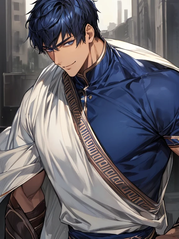 ((muste piece)), ((best quality)), ((brown skin)), ((dark blue eyes)), ((Dark blue hair))、handsome man , ((very very short hair)), masculine、tall、sexy、Adult man、Three white eyes、handsome man、firmly、muscular、broad shoulders、smile、wild、とてもwild、(((warrior)))、Daiki Aomine、Upper body