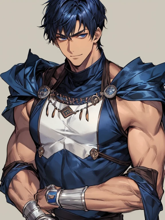 ((muste piece)), ((best quality)), ((brown skin)), ((dark blue eyes)), ((Dark blue hair))、handsome man , ((very very short hair)), masculine、tall、sexy、Adult man、Three white eyes、handsome man、firmly、muscular、broad shoulders、smile、wild、とてもwild、(((warrior)))、Daiki Aomine、Upper body