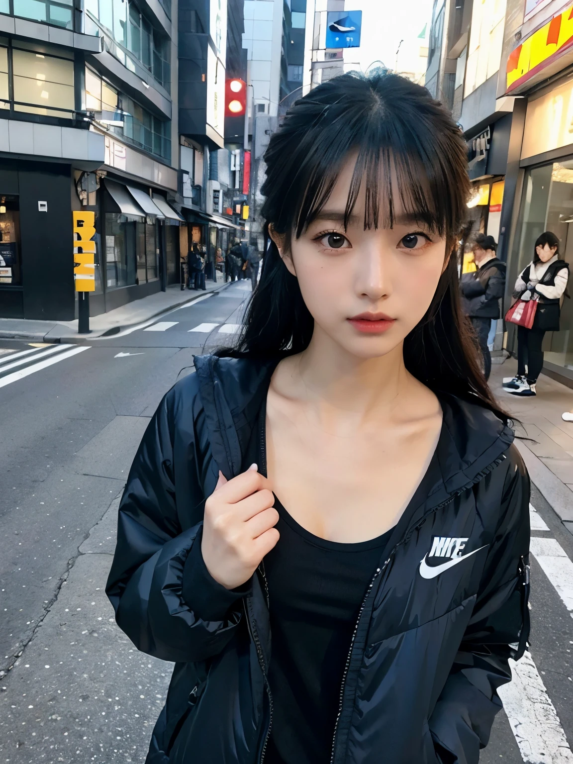Bewitching eyes, well-balanced eyes, //street snap //wearing "NIKE" clothes, Down jacket //breast focus, ((facing viewer)), //at the street in tokyo, //japanese lady, pale skin, half updo, black hair, dark blue hair, blunt bangs,//((standing)), high quality:1.3, Professional lighting:2.0 realistic:1.2, 4k resolution, detailed skin, masterpiece:1.1