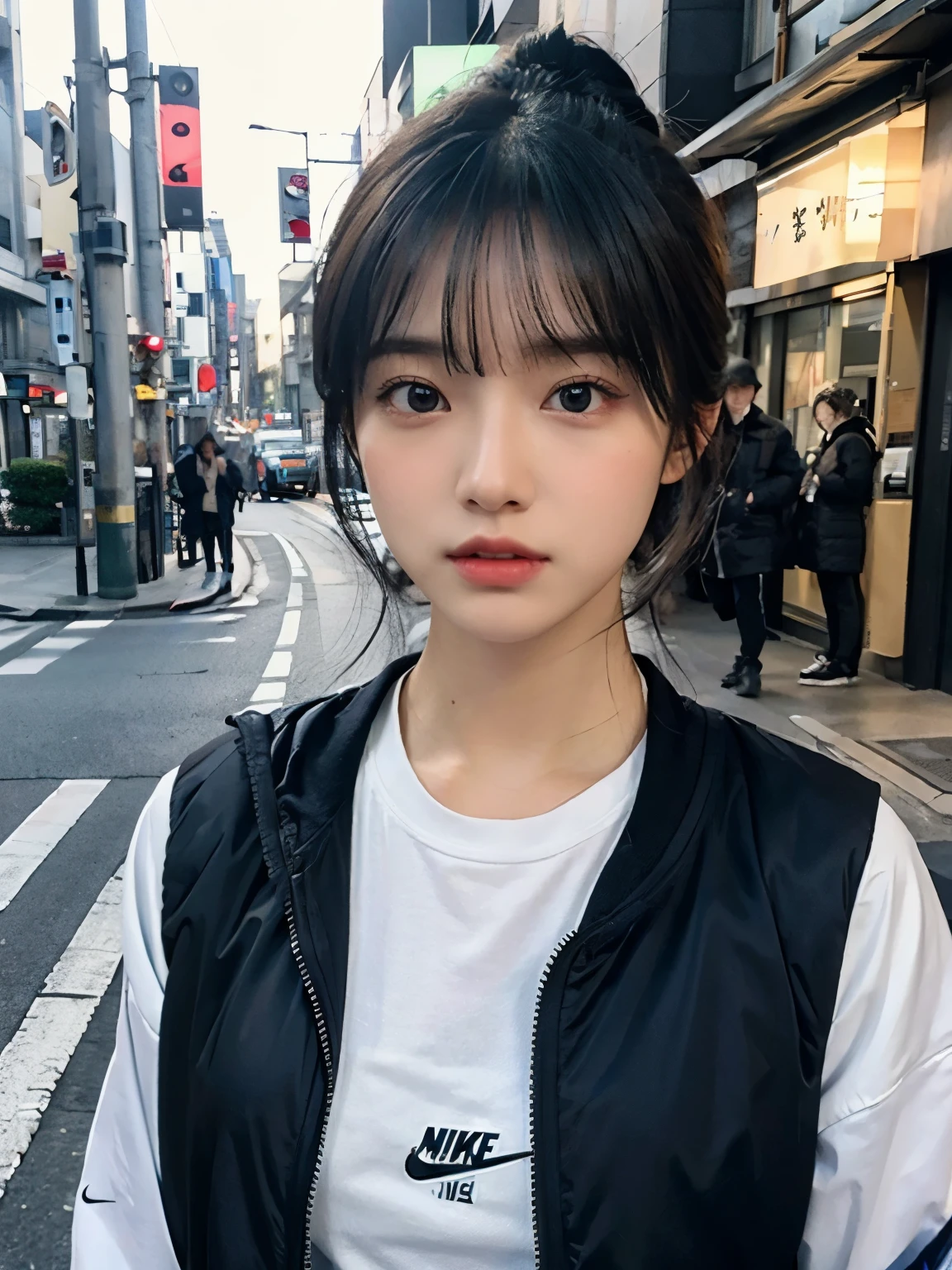 Bewitching eyes, well-balanced eyes, //street snap //wearing "NIKE" clothes, Down jacket //breast focus, ((facing viewer)), //at the street in tokyo, //japanese lady, pale skin, half updo, black hair, dark blue hair, blunt bangs,//((standing)), high quality:1.3, Professional lighting:2.0 realistic:1.2, 4k resolution, detailed skin, masterpiece:1.1