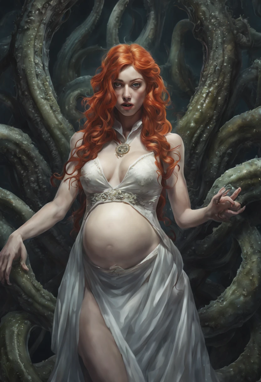 ((Katherine McNamara in a wedding dress)), ((deepthroated by big tentacles)), views upwards to a giant tentacle, ahegao, ((((pregnant)))), focus on big tentacle, looking at tentacle, ((slugs crawling om her face)), horny, red lipstick, (((pleased))), (((moaning))), skinny body, red hair, wet hair, large breasts, large ass, narrow waist, ((cum all over)), (((((covered in cum))))), wet hair, tentacles, tentacles sucks breast, ((throat bulge)),tentacle squeeze breast, tentacles licks breasts, tentacle penetration, fucking tentacles, tentacles around throat, ((slimy tentacles)), sodium light, impaled with tentacles, horror, hyper detailed, 8K, masterpiece, ((Eldritch abomination behind her)), (mind flayer:1.5) (bride of Cthulhu), church of Cthulhu, (((torture chamber))), ((tentacles on the floor and crawling up her body and mouth)), (white thong), ((gates of Cthulhu open))