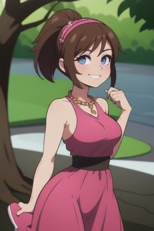 1 girl, solo, brown hair, medium hair, ponytail, pink Hairband, blue eyes, bare arms, pink maxi dress, little pink dress, golden necklace, pink slipper, smile, cowboy shot, standing, close-up-view, intricate details, sharp focus, high resolution, the background of beautiful flower park with trees and canals, beautiful sunny day, anime, masterpiece, very high resolution.