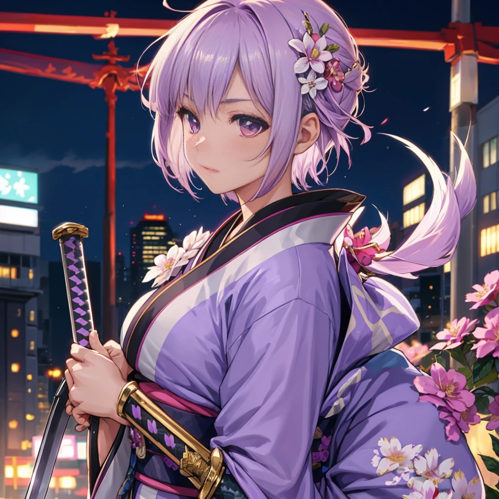 One girl, solo, bust, looking away, light purple hair, hair ornament, kimono, future city background, holding, short hair, iridescent eyes, from side, upper body, (holding weapon, sword, weapon), blade, jewelry, flower, flower 