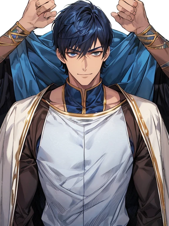 ((muste piece)), ((best quality)), ((brown skin)), ((dark blue eyes)), ((Dark blue hair))、handsome man , ((very very short hair)), masculine、tall、sexy、Adult man、Three white eyes、handsome man、firmly、muscular、broad shoulders、smile、wild、とてもwild、(((warrior)))、Daiki Aomine、Upper body