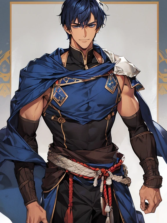 ((muste piece)), ((best quality)), ((brown skin)), ((dark blue eyes)), ((Dark blue hair))、handsome man , ((very very short hair)), masculine、tall、sexy、Adult man、Three white eyes、handsome man、firmly、muscular、broad shoulders、smile、wild、とてもwild、(((warrior)))、Daiki Aomine、Upper body