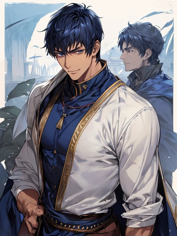 ((muste piece)), ((best quality)), ((brown skin)), ((dark blue eyes)), ((Dark blue hair))、handsome man , ((very very short hair)), masculine、tall、sexy、Adult man、Three white eyes、handsome man、firmly、muscular、broad shoulders、smile、wild、とてもwild、(((warrior)))、Daiki Aomine、Upper body