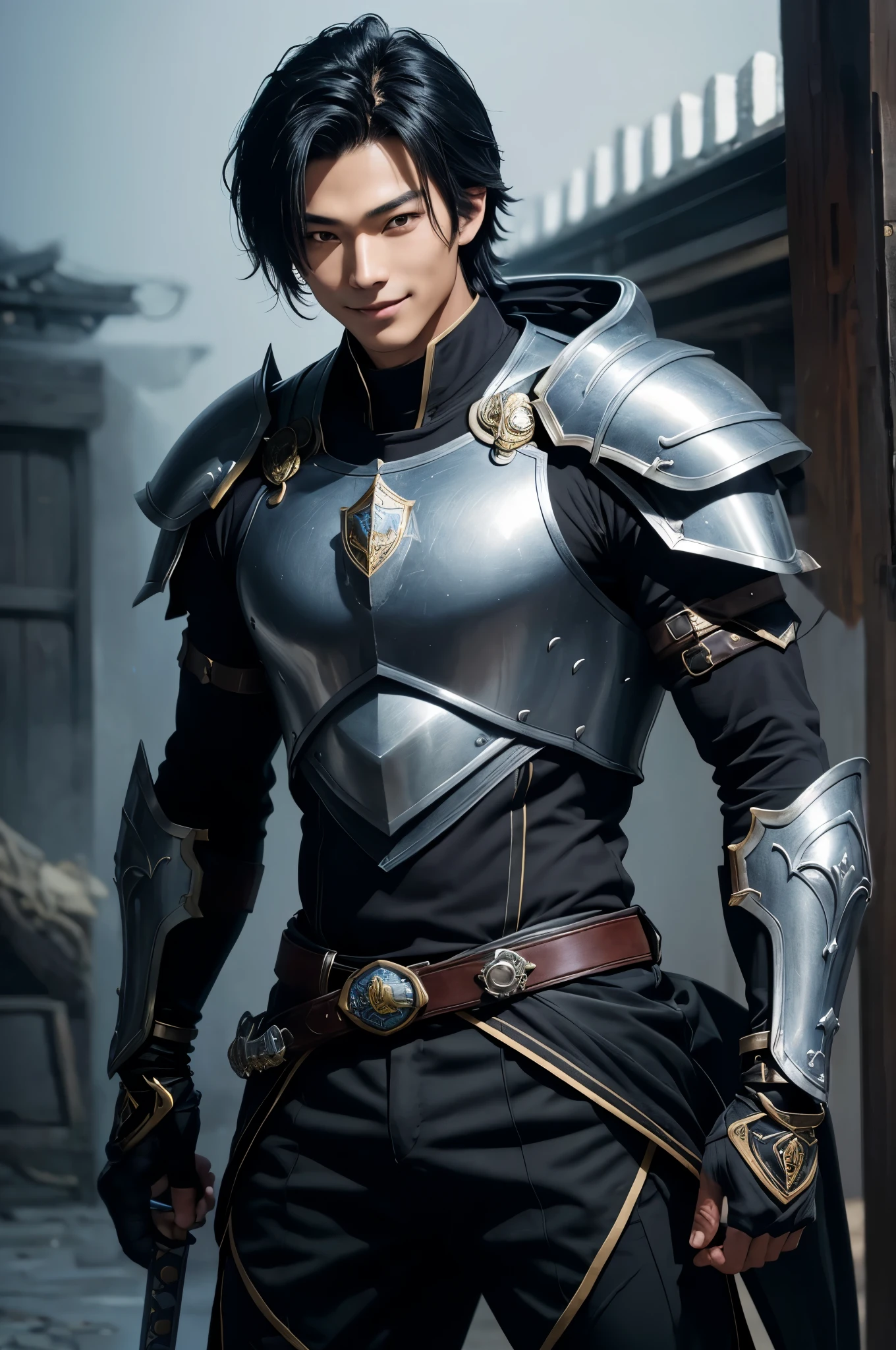 8K,black wolf hair boy,Japanese super handsome(like the real thing),wild boy,black and blue armor(Precise workmanship of the hero&#39;s emblem),luxury black and blue pants,blue and black shoulder armor,blue and black waist armor,blue and black leg armor,muscular slender body,ultra high resolution,super realistic skin,Handsome boy,18 year old boy,Big eyes,A boy who looks good with a smile,Magical power overflowing from the body,Luxury belts(Delicate workmanship),tanned skin,shout,battle scene,action scene,action pose,roar,Holds the long and large holy sword Excalibur.,The background is in front of the large castle gate.,