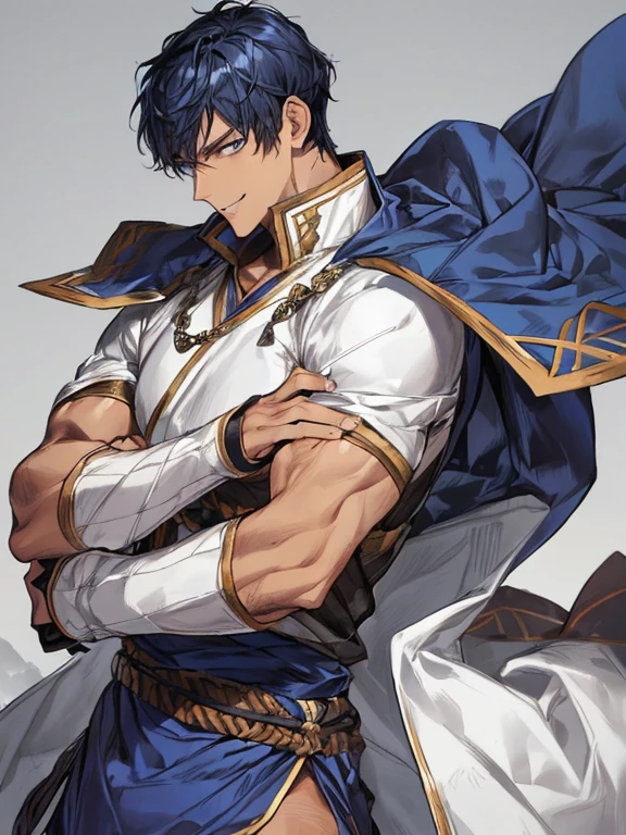 ((muste piece)), ((best quality)), ((brown skin)), ((dark blue eyes)), ((Dark blue hair))、handsome man , ((very very short hair)), masculine、tall、sexy、Adult man、Three white eyes、handsome man、firmly、muscular、broad shoulders、smile、wild、とてもwild、(((warrior)))、Daiki Aomine、Upper body