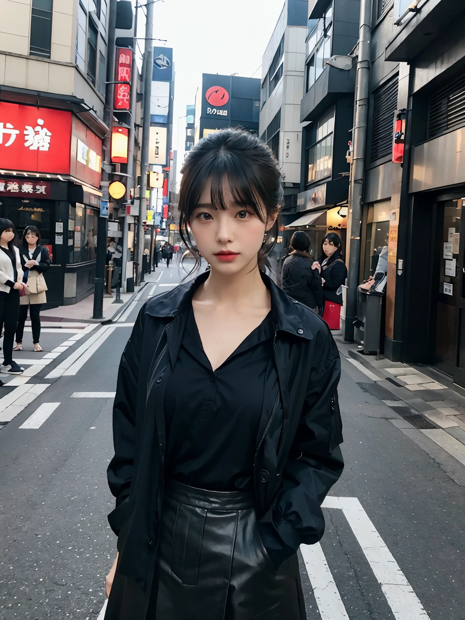 Bewitching eyes, well-balanced eyes, //street snap //wearing black Down jacket and red shirt and long skirt, //breast focus, ((facing viewer)), //at the street in tokyo, //japanese lady, pale skin, half updo,//droopy eyes,//dark blue hair, blunt bangs,//((standing)), high quality:1.3, Professional lighting:2.0 realistic:1.2, 4k resolution, detailed skin, masterpiece:1.1