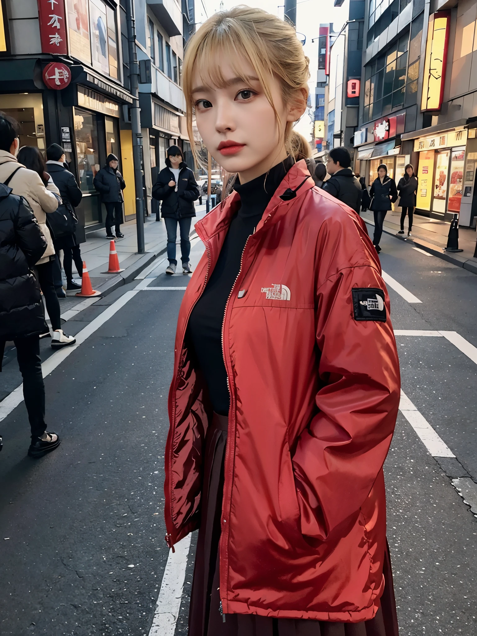 Bewitching eyes, well-balanced eyes, //street snap //wearing north face Down jacket and red shirt and long skirt, //breast focus, ((facing viewer)), //at the street in tokyo, //japanese lady, pale skin, half updo,//droopy eyes,//yellow hair, blunt bangs,//((standing)), high quality:1.3, Professional lighting:2.0 realistic:1.2, 4k resolution, detailed skin, masterpiece:1.1