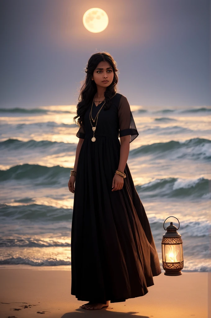 An Indian girl, clad in black clothes, stands on the beach with the night sky full of a glowing moon above. The waves crash gently against the shore, while in the distance, wolves howl, adding an intriguing and captivating atmosphere to the scene. The girl holds a kerosene lamp, casting long, dramatic shadows, and her expressive face is filled with a sense of mystery and allure. This (hot, seductive) image guarantees the highest quality, with a resolution of 4k or 8k, making it a true masterpiece: 1.2. The ultra-detailed, realistic or photo-realistic: 1.37 depiction of the