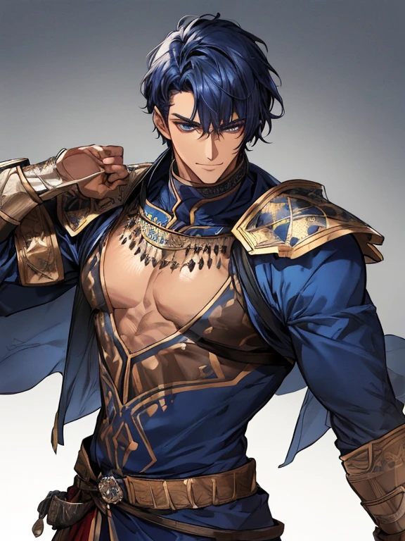 ((muste piece)), ((best quality)), ((brown skin)), ((dark blue eyes)), ((Dark blue hair))、handsome man , ((very very short hair)), masculine、tall、sexy、Adult man、Three white eyes、handsome man、firmly、muscular、broad shoulders、smile、wild、とてもwild、(((warrior)))、Upper body