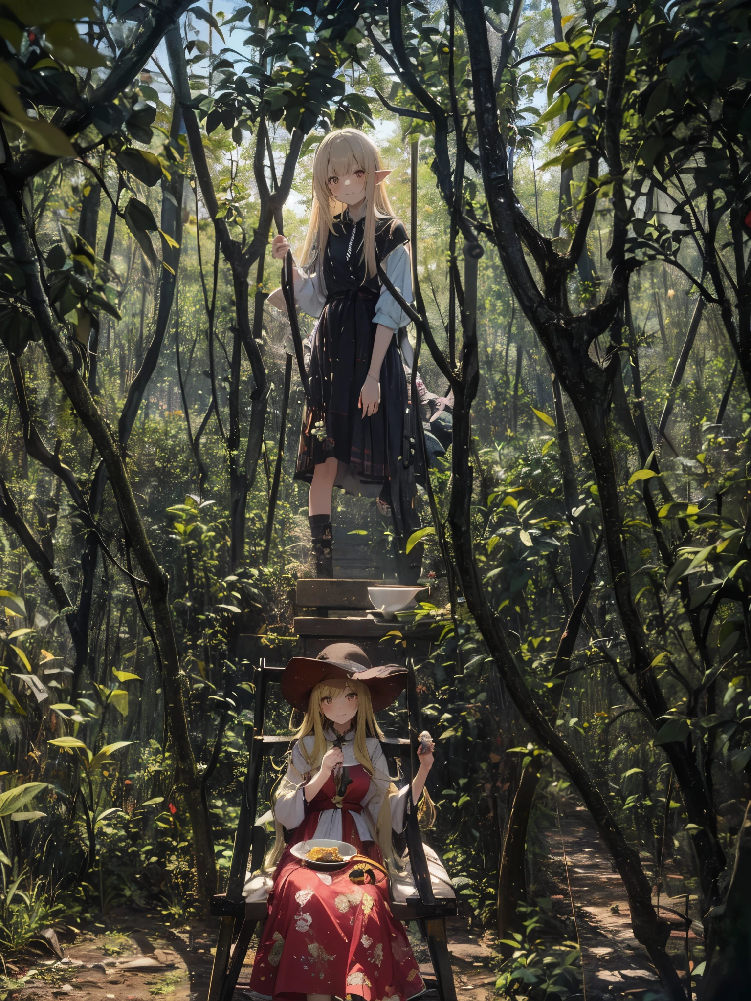 goblin, multiple girls,beautiful face, smile, red eyes, sitting,red dress, green hair, looking at the viewer, blonde long hair,gold eyes,shirt, skirt, window,Tea picking、harvest、おTea picking、collection