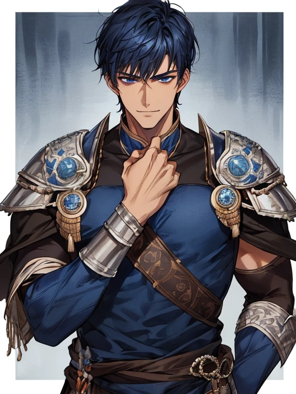 ((muste piece)), ((best quality)), ((brown skin)), ((dark blue eyes)), ((Dark blue hair))、handsome man , ((very very short hair)), masculine、tall、sexy、Adult man、Three white eyes、handsome man、firmly、muscular、broad shoulders、smile、wild、とてもwild、(((warrior)))、Upper body