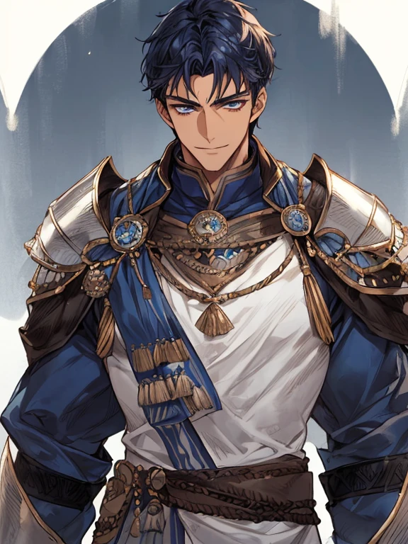 ((muste piece)), ((best quality)), ((brown skin)), ((dark blue eyes)), ((Dark blue hair))、handsome man , ((very very short hair)), masculine、tall、sexy、Adult man、Three white eyes、handsome man、firmly、muscular、broad shoulders、smile、wild、とてもwild、(((warrior)))、Upper body