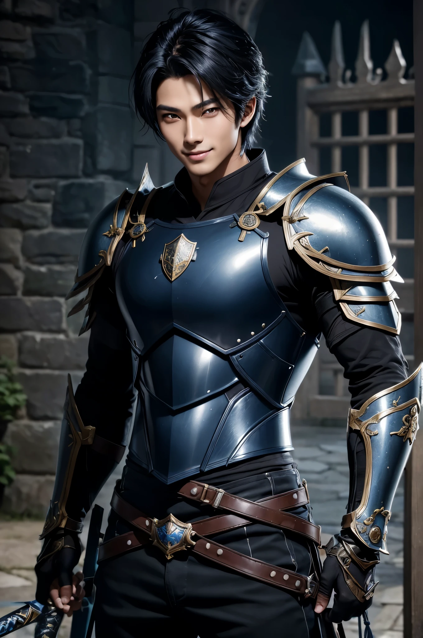 8K,black wolf hair boy,Japanese super handsome(like the real thing),wild boy,black and blue armor(Precise workmanship of the hero's emblem),luxury black and blue pants,blue and black shoulder armor,blue and black waist armor,blue and black leg armor,muscular slender body,smile,ultra high resolution,super realistic skin,Handsome boy,18 year old boy,Big eyes,smileが似合う少年,Possesses the holy sword Excalibur,Magical power overflowing from the body,Luxury belts(Delicate workmanship),tanned skin,open your mouth and laugh,background,flower,