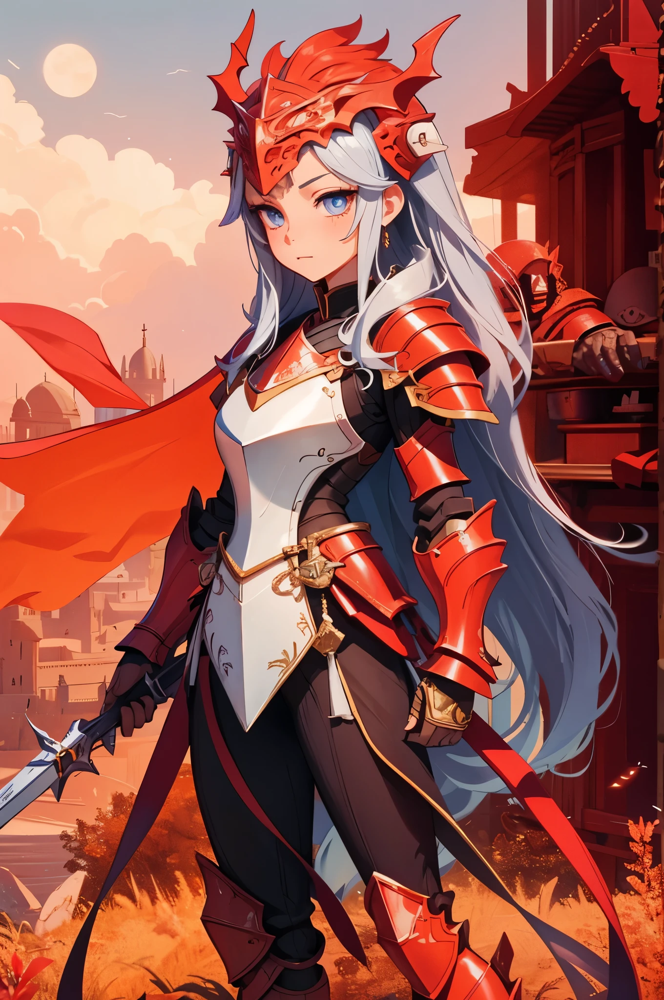 (detailed illustrations,Very detailed and precise drawing,Delicate drawn lines with tempo,Realistic texture expression),[color traced main line],(Fantasy World Battlefield Background [burning castle]),((ROBOT GIRL)(red knight[muscular][[METALFACE[clear lenticular iris]]])[WEAPON MACHINE[Princess Knight]]),[[corinthian helmet]][red dragon armor[scale][embroidered cloak]],[Crimson dragon pattern],[use a sword as a weapon],[[Mobile Weapon Gigant Size][science fiction mechanical]],((Gorgeous metallic red armor)),(intricate and beautiful decoration [Dense detail]),[transparency],(Precisely drawn face)[完璧な目のdetailed(Beautifully detailed iris)[eyes like jewels]],[long and beautiful eyelashes],[precisely drawn hair [美しく艷やかな髪のdetailed]],(完璧な手のdetailed [Beautiful fingers with no damage [beautiful nails]]),(perfect anatomy(perfectly balanced proportions))[[full body portrait]],[ideal color coordination(Accurate simulation of light and material interactions)],([Precision Detail](detailed,High definition)),[Visual art that tells a story].