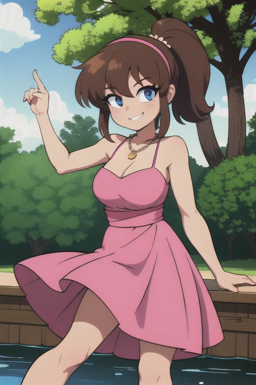 1 girl, solo, brown hair, medium hair, ponytail, pink Hairband, blue eyes, bare arms, pink maxi dress, little pink dress, golden necklace, pink slipper, smile, cowboy shot, standing, close-up-view, intricate details, sharp focus, high resolution, the background of beautiful flower park with trees and canals, beautiful sunny day, anime, masterpiece, very high resolution.