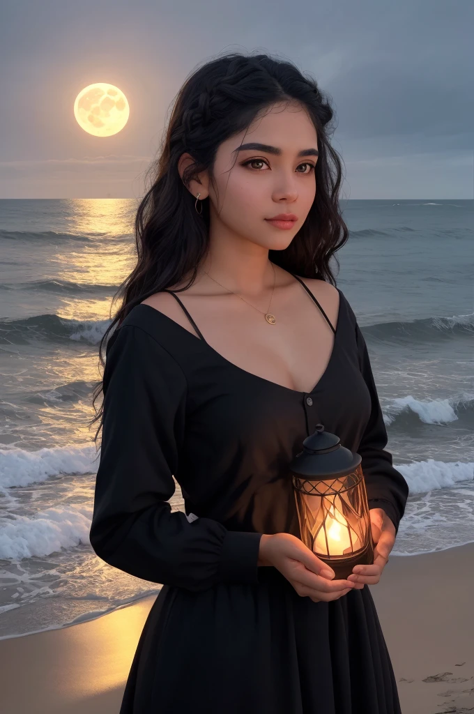A latina girl, clad in black clothes, stands on the beach with the night sky full of a glowing moon above. The waves crash gently against the shore, while in the distance, wolves howl, adding an intriguing and captivating atmosphere to the scene. The girl holds a kerosene lamp, casting long, dramatic shadows, and her expressive face is filled with a sense of mystery and allure. This (hot, seductive) image guarantees the highest quality, with a resolution of 4k or 8k, making it a true masterpiece: 1.2. The ultra-detailed, realistic or photo-realistic: 1.37 depiction of the