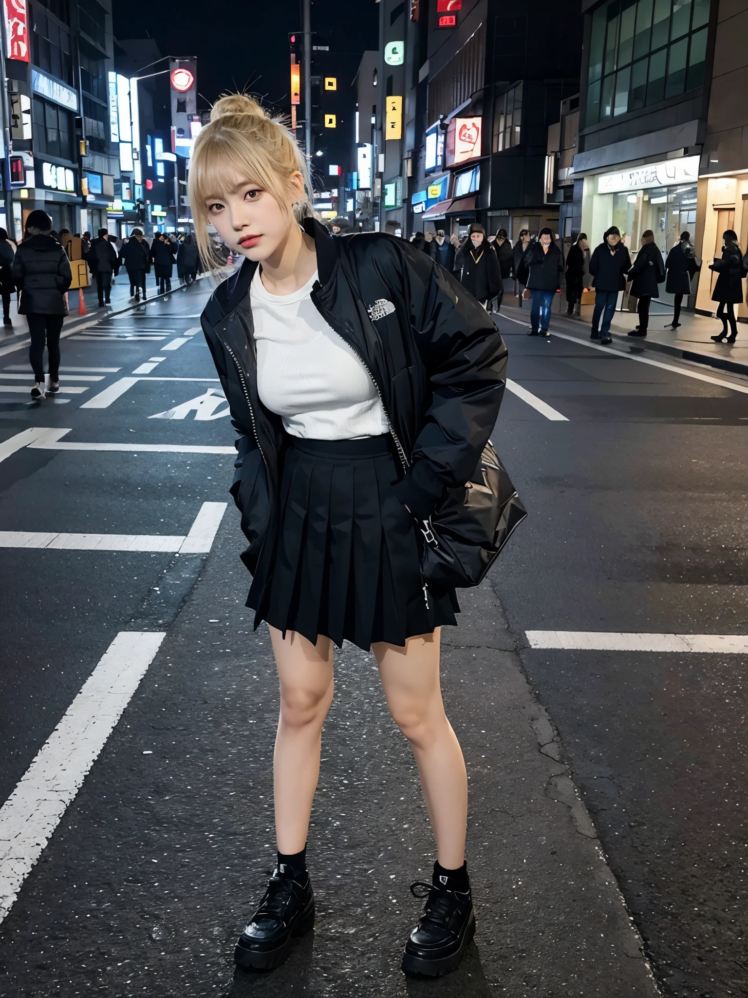 full body,// Bewitching eyes, well-balanced eyes, //street snap //wearing north face Down jacket and mesh shirt and long skirt, //breast focus, ((facing viewer)), //at the street in tokyo, //japanese lady, pale skin, half updo,//droopy eyes,//yellow hair, blunt bangs,//((standing)), high quality:1.3, Professional lighting:2.0 realistic:1.2, 4k resolution, detailed skin, masterpiece:1.1